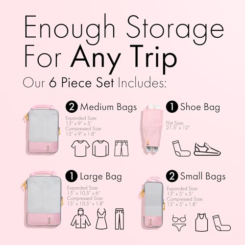 (Not Made In China) 6pc Compression Packing Cubes For Suitcases, Carry On and Backpacks, Lightweight Space Saver and Washable Organizer Cubes, Expandable Luggage Bags