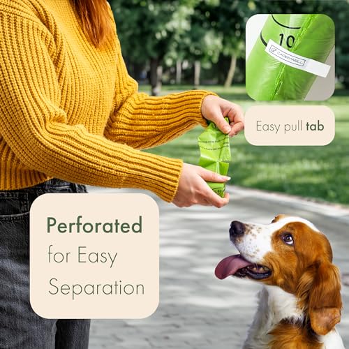 (Not Made In China) 100% Certified Compostable Dog Poop Bags, Plant Based Dog Poop Bags, Corn Starch and PBAT, EN 13432 and TUV Austria certified, 300 Unscented Bags (20 Rolls)