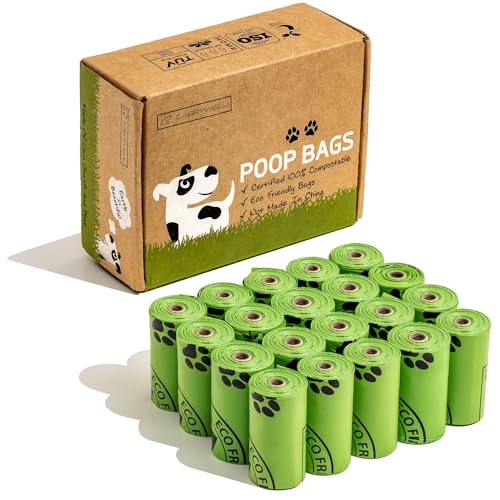 (Not Made In China) 100% Certified Compostable Dog Poop Bags, Plant Based Dog Poop Bags, Corn Starch and PBAT, EN 13432 and TUV Austria certified, 300 Unscented Bags (20 Rolls)