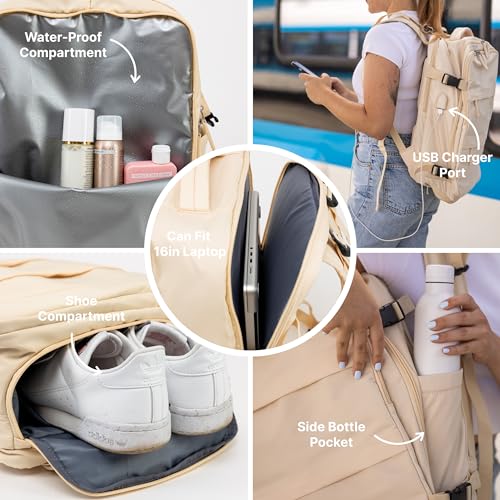 (Not Made In China) Airline Approved Carry On Backpack For Men and Women w/Laptop Compartment and Shoe Pocket, Holds 16" Laptop, USB Port