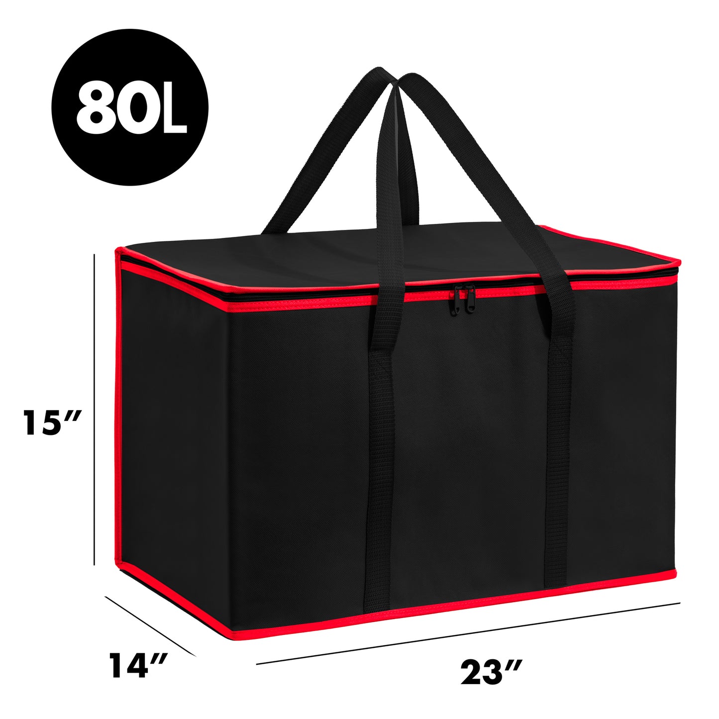 10 Pack, Insulated Food Delivery Bag, Reusable Grocery Carrier, Thermal Insulation Tote for Hot and Cold Food, Pizza, Uber Eats and Doordash (Black With Red Trim, XXXL)