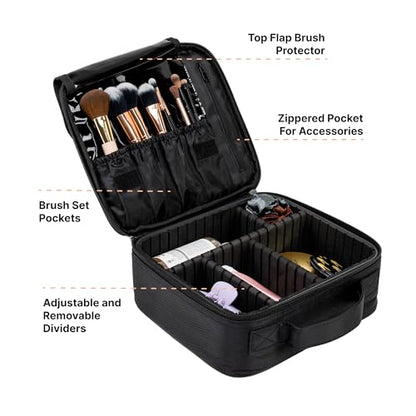 Makeup Train Case, Cosmetic Travel Organizer For Professional Beauty Artist, Portable Storage Bag W/Adjustable Dividers For Jewelry and Brushes