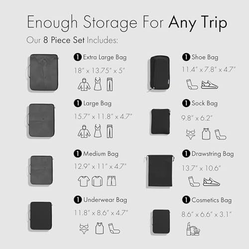 (Not Made In China) 8pc Travel Packing Cubes for Suitcases, Luggage Organizer Bags for Clothes & Travel Essentials