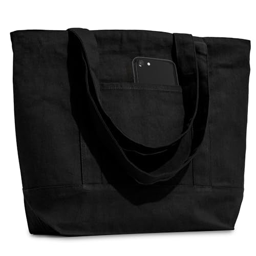 Carrywell Organic Cotton Canvas Totes With Zippered Top, Front Pocket, Heavy Duty Reusable Shopping Bags, Cloth Grocery Bag