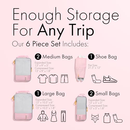 6pc Compression Packing Cubes For Suitcases, Carry On and Backpacks, Lightweight Space Saver and Washable Organizer Cubes, Expandable Luggage Bags