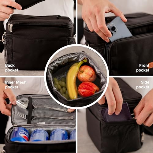 Insulated Lunch Bag for Men and Women, Soft Sided Food Carrier for Work, Beach, Picnic, Leakproof and Freezable Cooler Box with Adjustable Shoulder Strap