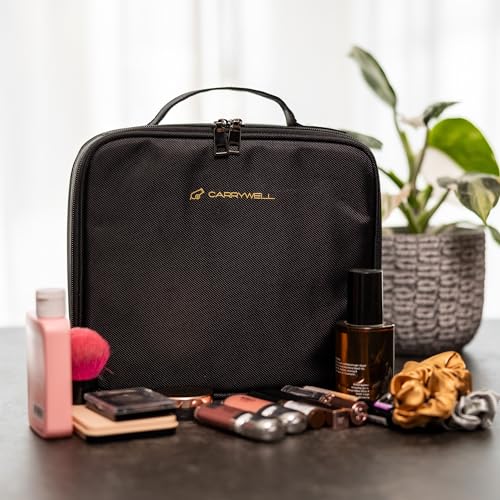 Makeup Train Case, Cosmetic Travel Organizer For Professional Beauty Artist, Portable Storage Bag W/Adjustable Dividers For Jewelry and Brushes