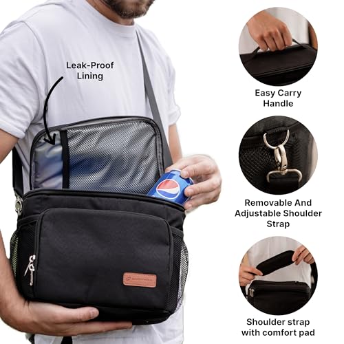 Insulated Lunch Bag for Men and Women, Soft Sided Food Carrier for Work, Beach, Picnic, Leakproof and Freezable Cooler Box with Adjustable Shoulder Strap