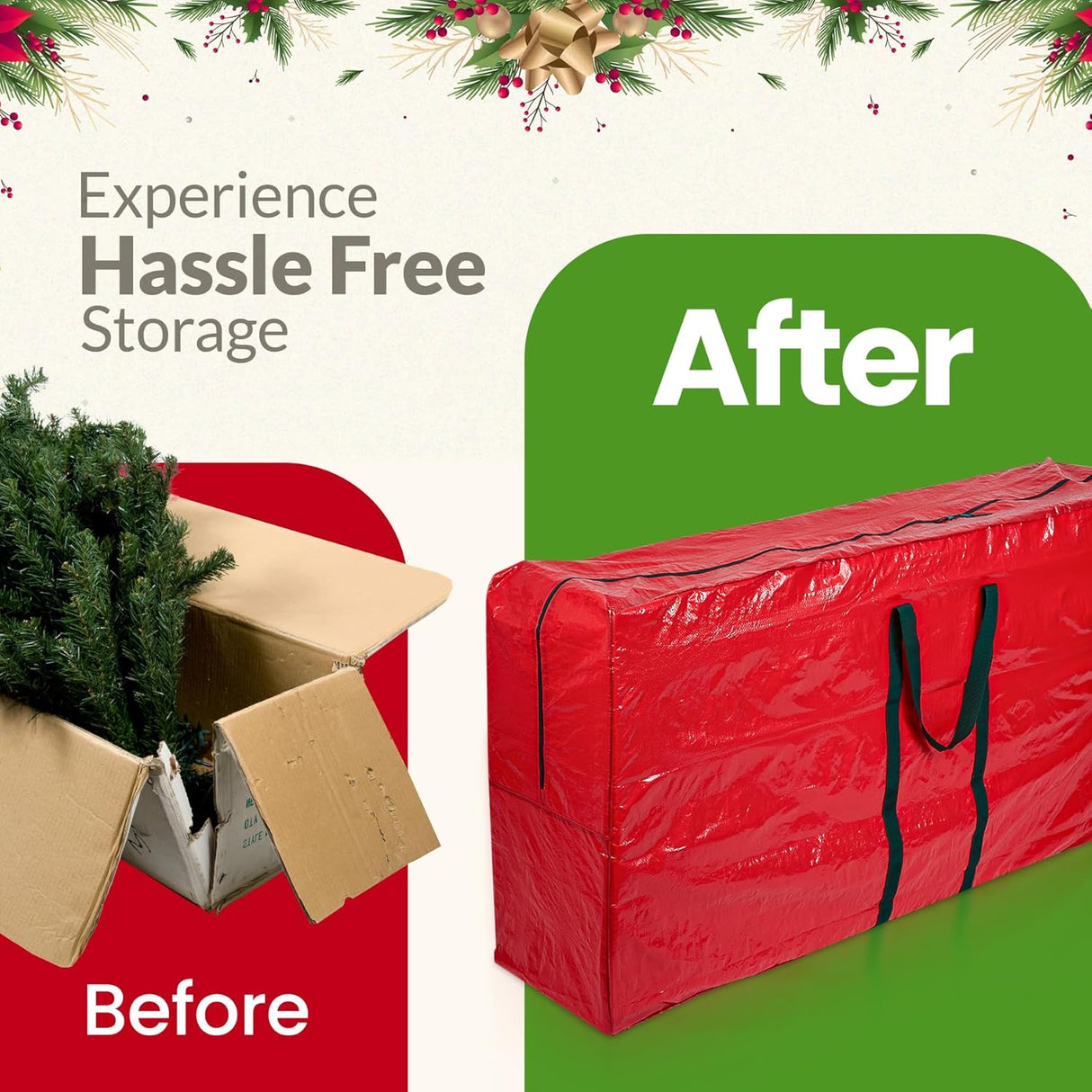 (Not Made In China) Heavy Duty Christmas Tree Storage Bag, Fits Up to 9ft Artificial Disassembled Trees, Durable Handles w/Tear Proof 600D Oxford Canvas, Laminated Interior